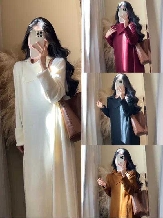 【ROUROU】心软的神｜慵懒风简约纯色宽松翻领百搭针织连衣裙Ro-2639