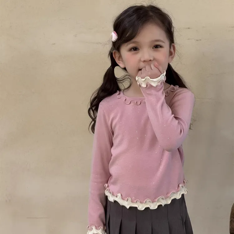  韩版女童2025春秋上衣儿童洋气花边新款木耳花边宝宝长袖T恤打底