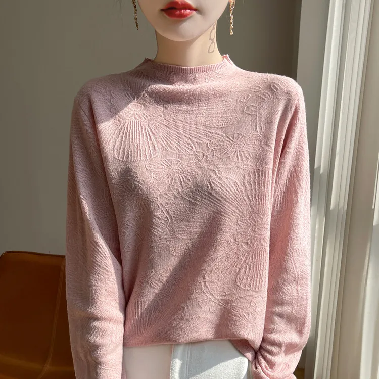 精纺羊毛针织上衣女雕花打底衫舒适百搭秋冬内搭72