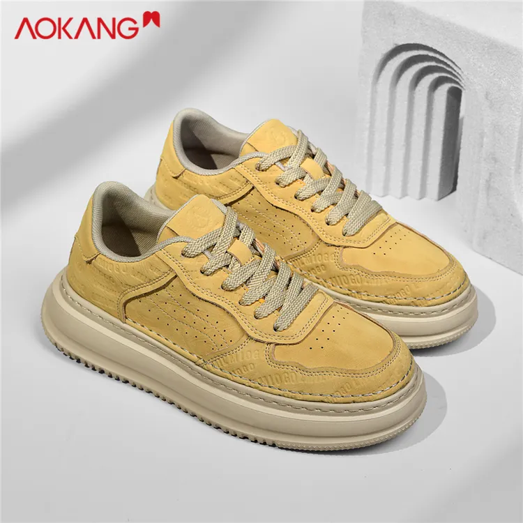 Aokang/奥康官方正品男鞋冬季皮面板鞋男印花轻奢鞋子黄色休闲鞋