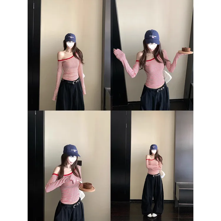 面膜级清凉透气条纹斜肩长袖T恤打底衫女  81052