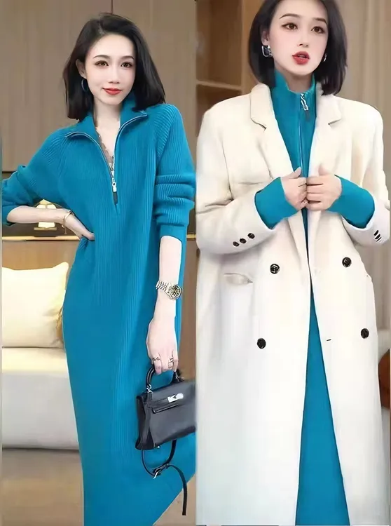 针织裙秋冬配大衣高级感超好看的拉链领中长款长款毛衣连衣裙