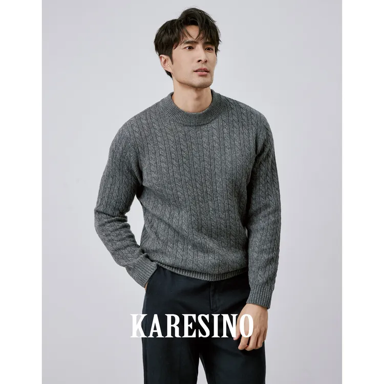 KARESINO冬季100％纯羊毛 男士圆领绞花针织衫休闲潮流毛衣羊毛衫