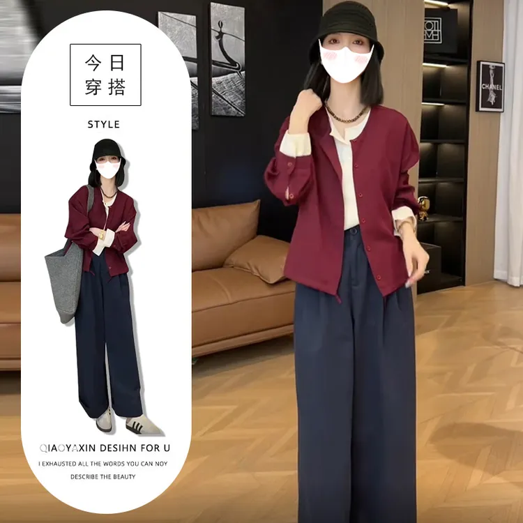 欧美气质辣妹套装女2025早春新款设计感假两件上衣+高腰休闲裤潮