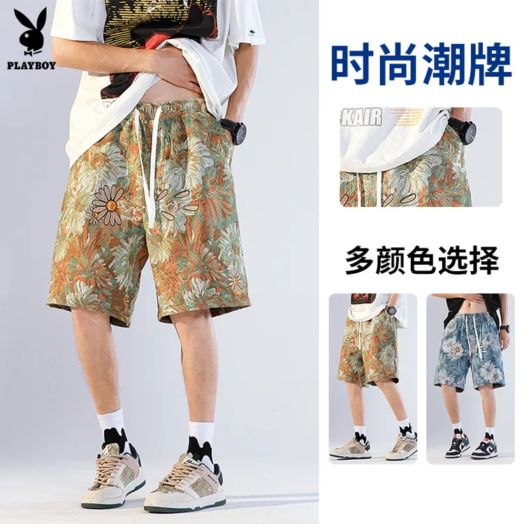 花花公子百搭夏季休闲裤五分裤青春流行时尚潮牌直筒提花牛仔短裤
