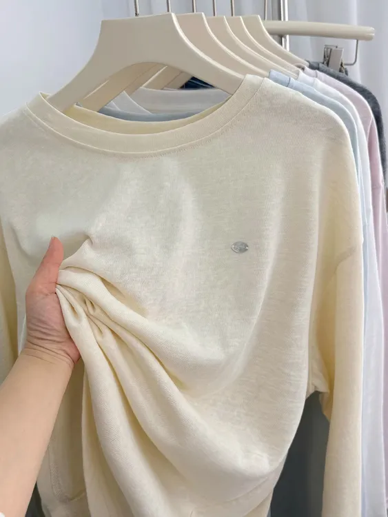 垂感显瘦慵懒宽松竹节棉长袖t恤女春夏薄款柔软舒适圆领防晒上衣