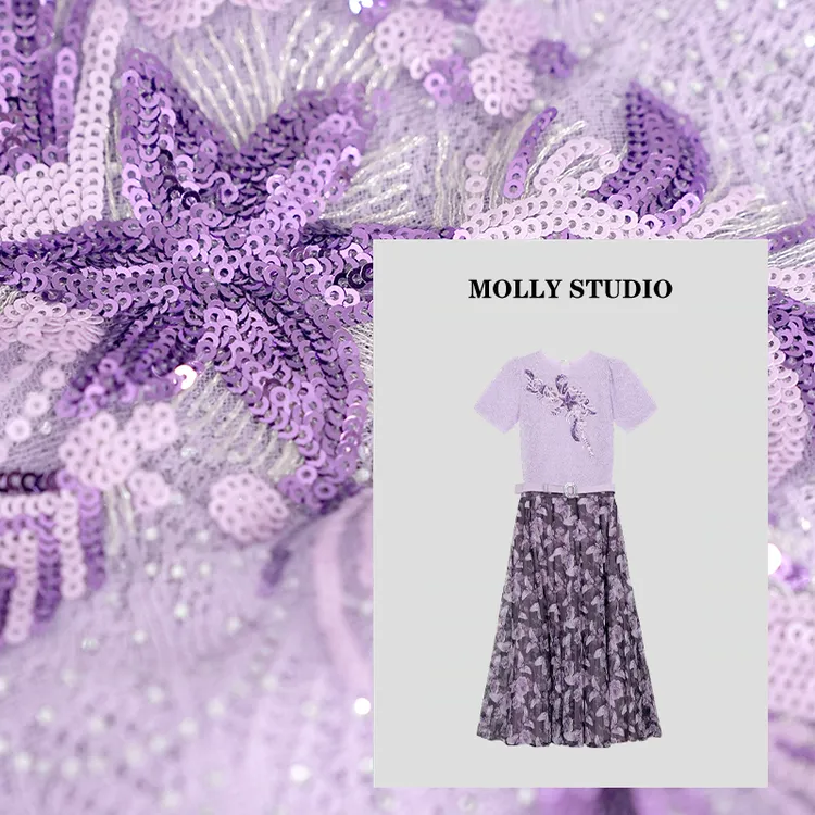 【Molly】2026紫色碎花套装女重工刺绣上衣高腰显瘦中长裙M2610902