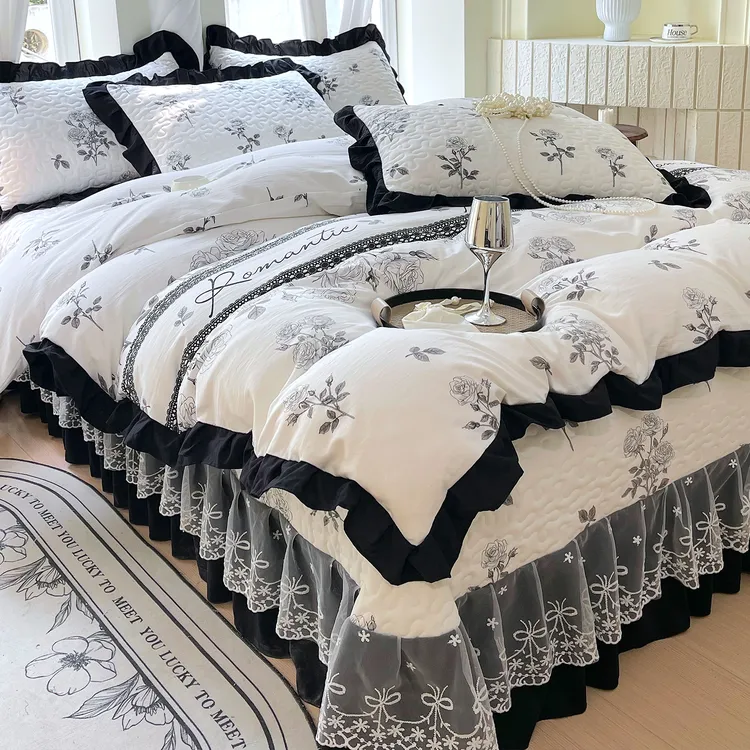 ins法式赫本床盖四件套水洗棉公主风花边夹棉床上被套三件套四季