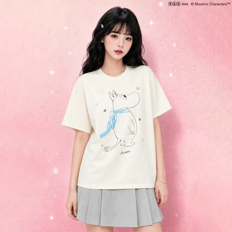 AFGK x Moomin姆明联名涂鸦彩色可爱T恤手绘印花宽松短袖男女休闲