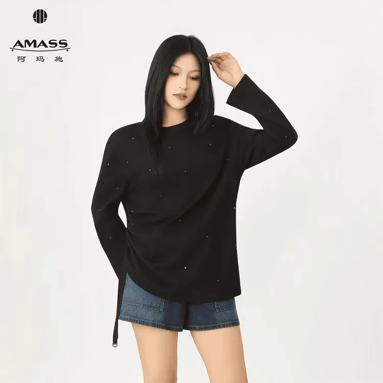 AMASS/阿玛施秋季慵懒感小众长袖T恤满天星烫钻圆领卫衣女530100 