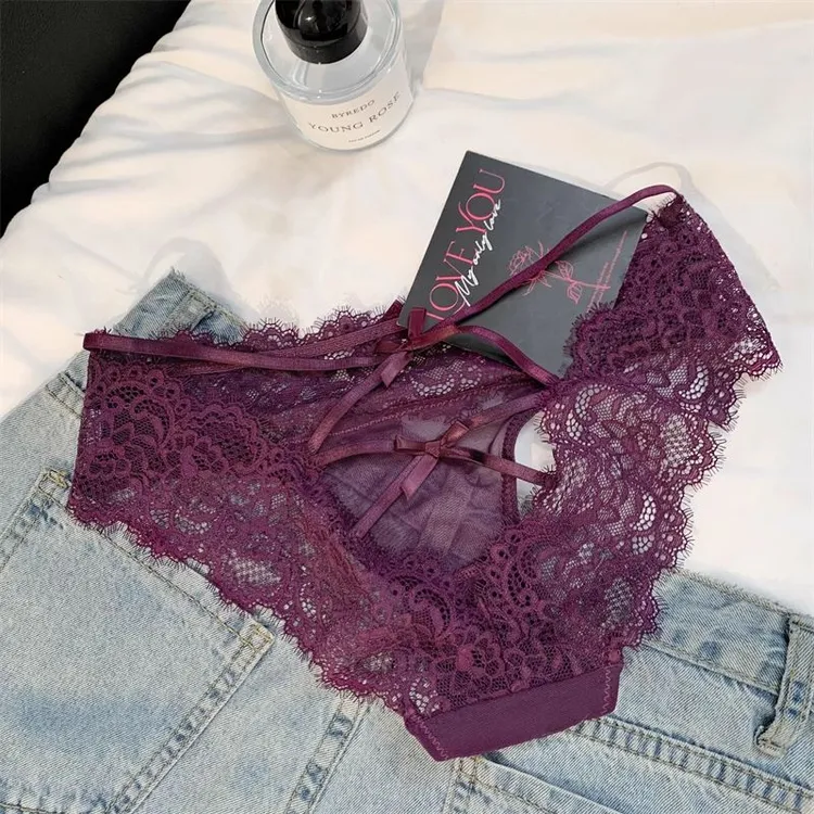女士内裤2025夏季新款纯欲紫色三角裤低腰绑带法式蕾丝镂空提臀裤