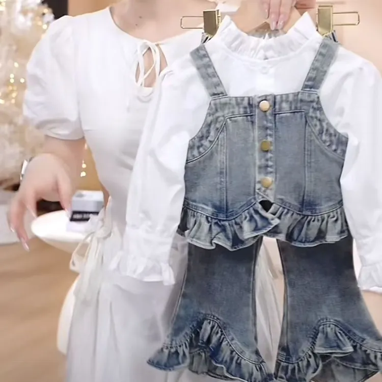 女童套装2025新款洋气牛仔春秋儿童马甲衬衫宝宝三件套牛仔裤