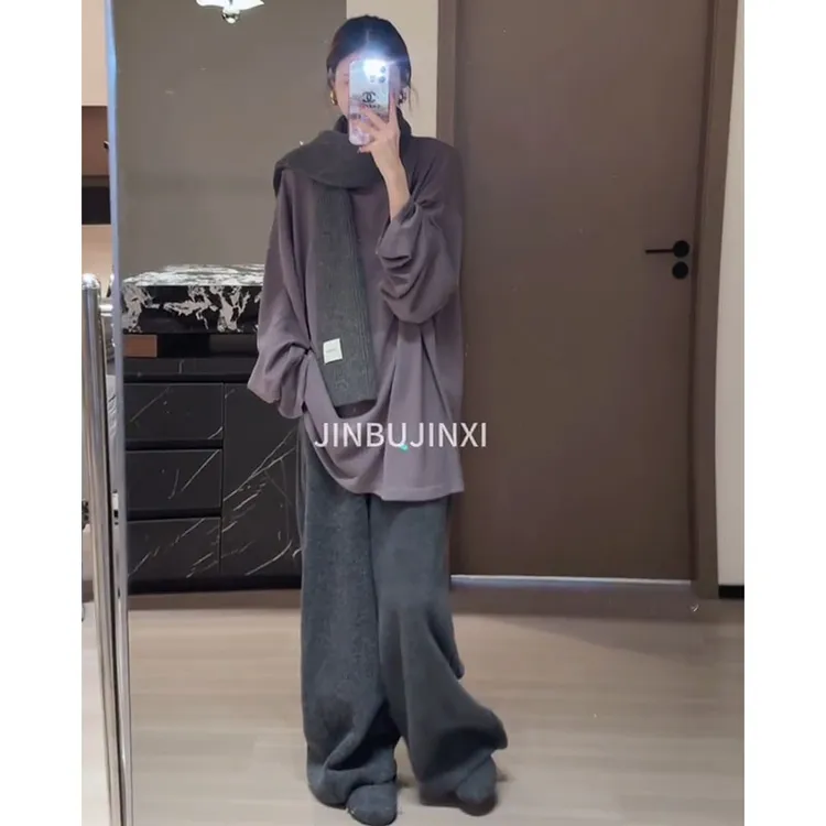 今年流行穿搭一整套女新款2025冬季宽松打底衫毛衣外套裤子三件套