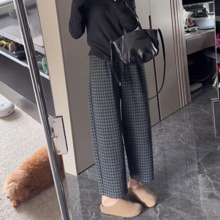 秋冬加绒休闲裤女高腰显瘦松紧腰格纹裤大码小个子九分直筒奶奶裤