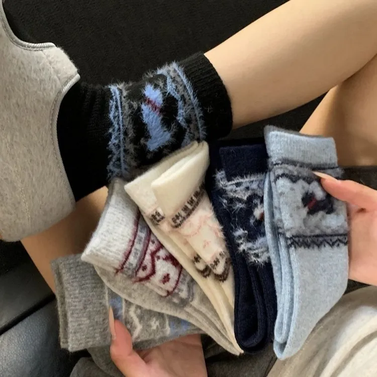 【五双】费尔岛萌主!秋冬季卡通保暖中筒女袜女堆堆中筒袜百搭yj