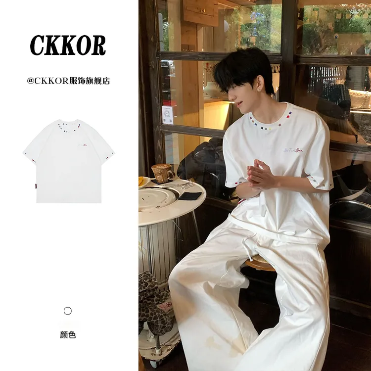 CKKOR夏季新款圆领短袖t恤男时尚刺绣设计款宽松休闲潮流穿搭上衣