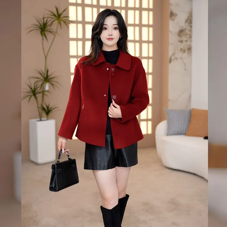 双面羊毛呢大衣女2025秋冬洋气小个子中年妈妈本命年红色毛呢外套