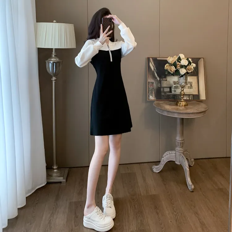 黑白拼接休闲长袖连衣裙女春秋季法式复古短款a字裙小个子卫衣裙