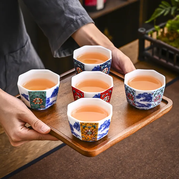 青花八方来财珐琅彩功夫茶杯简约办公招待品茗杯复古国风八方茶杯