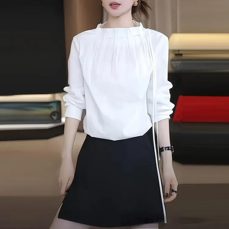 法式气质设计感褶皱减龄系带衬衫女冬春新款宽松显瘦百搭时尚衬衣