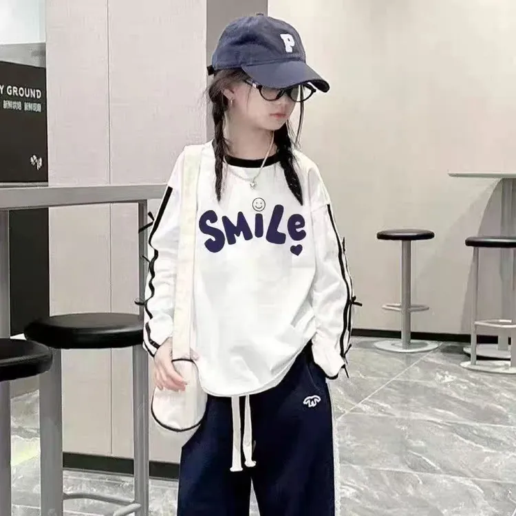 女童蝴蝶结纯棉长袖打底衫春秋薄款中大童条纹洋气女孩宽松上衣潮