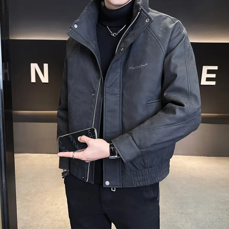 高级感皮羽绒服男冬季加厚2025新款潮牌刺绣设计男装短款立领外套