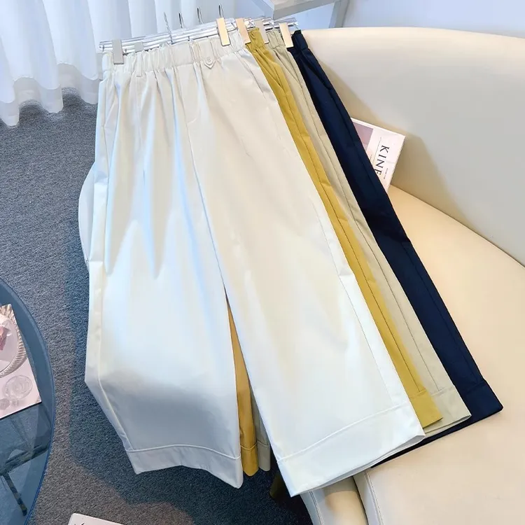 夏季花苞腰松紧腰薄款高腰九分阔腿裤直筒宽松休闲小个子必备