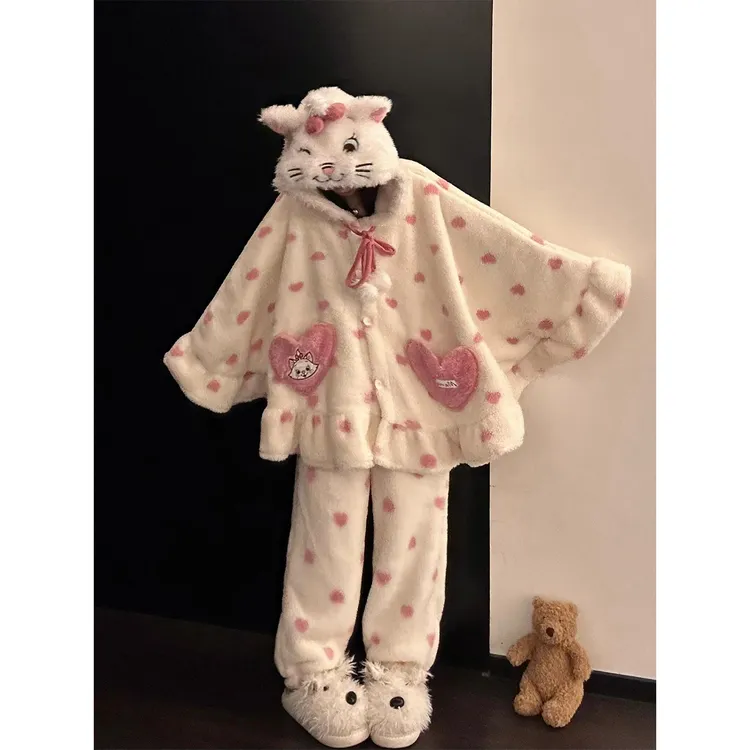 甜美可爱卡通玛丽猫斗篷连帽珊瑚绒睡衣女秋冬季保暖家居服套装