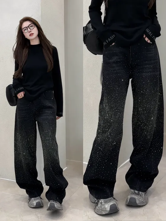 月月 2025冬季新款加绒烫钻细闪秋冬加绒显瘦牛仔裤 2511C8117