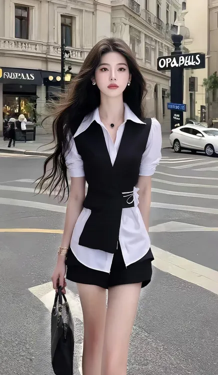 夏季温柔知性风设计感衬衫领修身收腰短袖两件套女显瘦气质女装