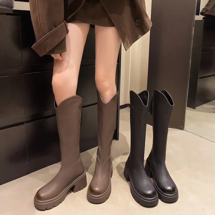 暮秋秋秋冬长筒靴女2025新款厚底增高小个子不过膝高筒骑士瘦瘦靴