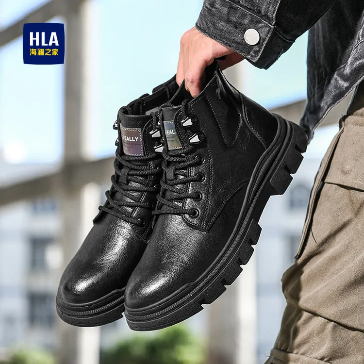 HLA/海澜之家冬季休闲潮流户外加绒厚底时尚高帮男款英伦风马丁靴