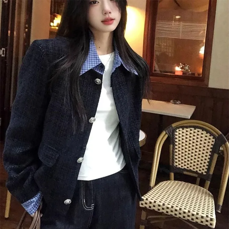 格子拼色小香风短款外套女春秋洋气新款时尚高级感气质上衣#WY287