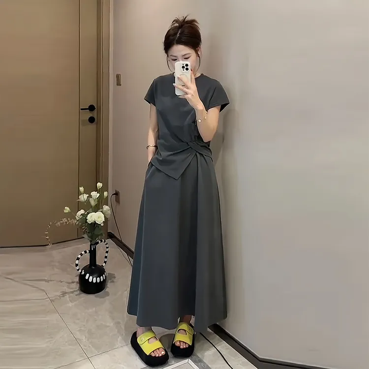 大码休闲时尚套装女夏季微胖mm显瘦韩系时尚减龄短袖半身裙两件套