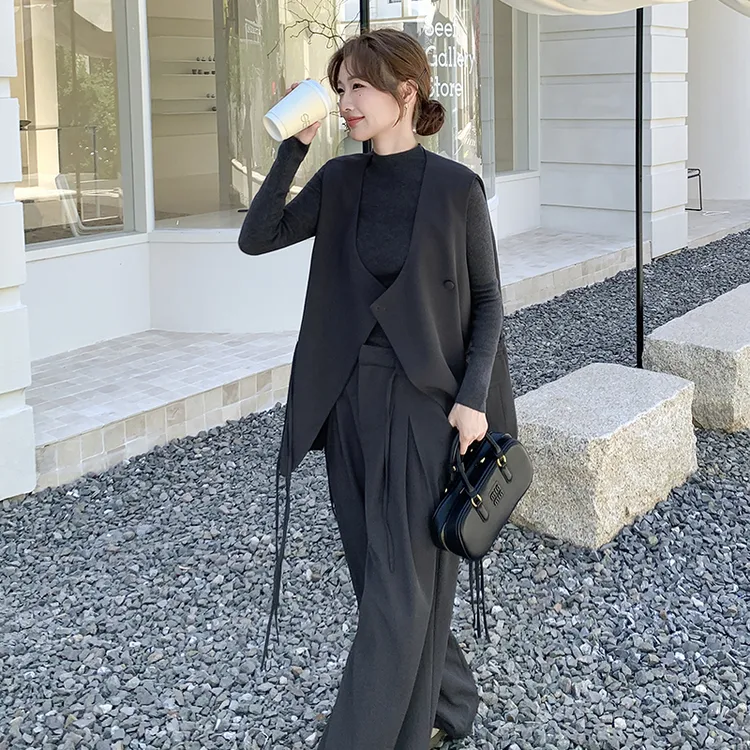 老钱风设计感灰色西装马甲套装女2025春秋气质打底衫阔腿裤三件套