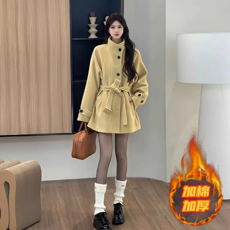 冬日暮色冬季厚毛呢外套甜妹黑色高级设计感短款大衣女