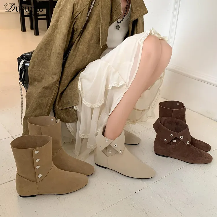 DUCURNO内增高磨砂真皮小短靴女百搭平底西部靴两穿翻折瘦瘦靴子