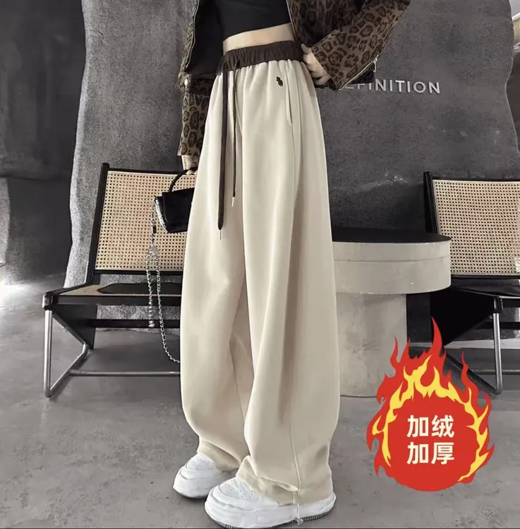 2025韩版网红秋冬加绒爆款弯刀裤休闲卫裤刺绣保暖长高腰阔腿裤