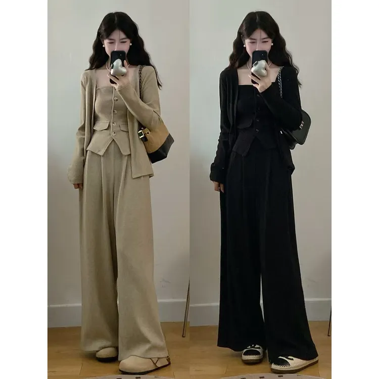实拍大码女装胖mm新款气质韩系休闲开衫+修身抹胸吊带+阔腿裤套装