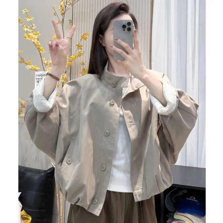 英伦风立领宽松夹克外套内里条纹短款风衣女2025早秋新款休闲上衣