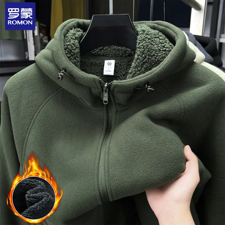 罗蒙连帽摇粒绒卫衣男冬季加厚加绒开衫抓绒外套时尚休闲百搭保暖