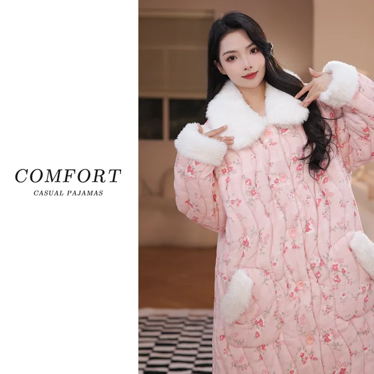 三层夹棉保暖珊瑚绒2025冬季加绒加厚睡袍女连帽睡衣家居服套装