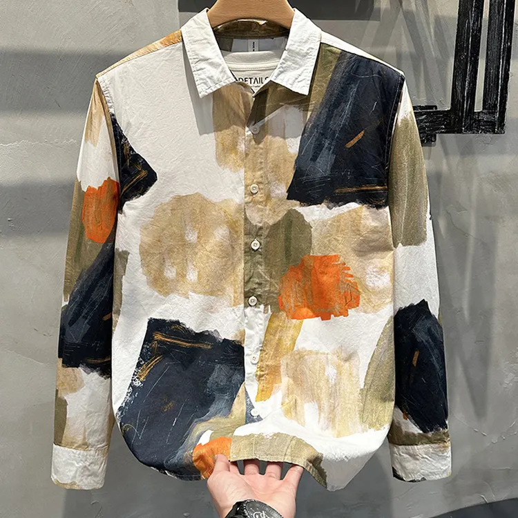 春秋季纯棉复古扎染长袖衬衫男士翻领时尚印花文艺休闲宽松衬衣潮
