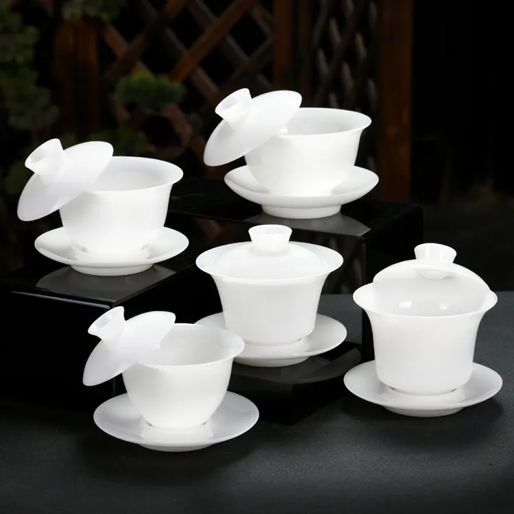 纯白冰种璞玉瓷高档个人茶海盖碗功夫茶具新冰种公道杯陶瓷泡茶碗