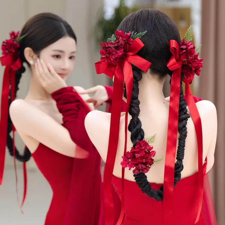 非金属布艺婚庆饰品 新娘复古酒红色铃兰花蝴蝶结发夹发饰MC2863