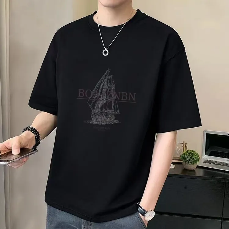 雅鹿男装夏季短袖简约男装夏季T恤印花潮流韩版百搭圆领落肩款