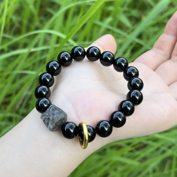 【醒狮手串】天然银曜醒狮设计款手串黑曜石单圈情侣手链多样性发一