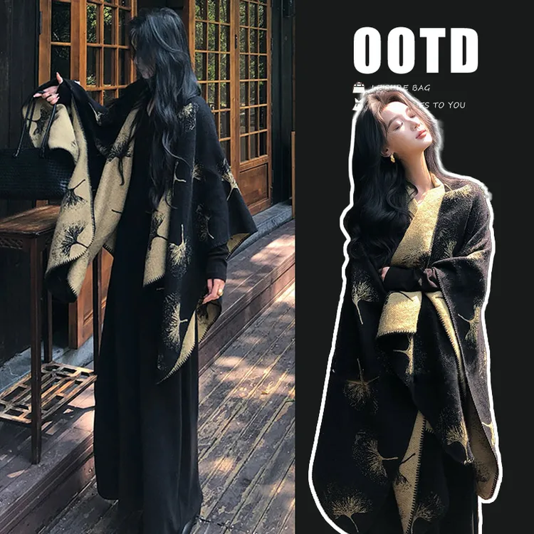孕妇爆款极简风中国风外搭披肩银杏叶斗篷+黑色显瘦连衣裙两件套