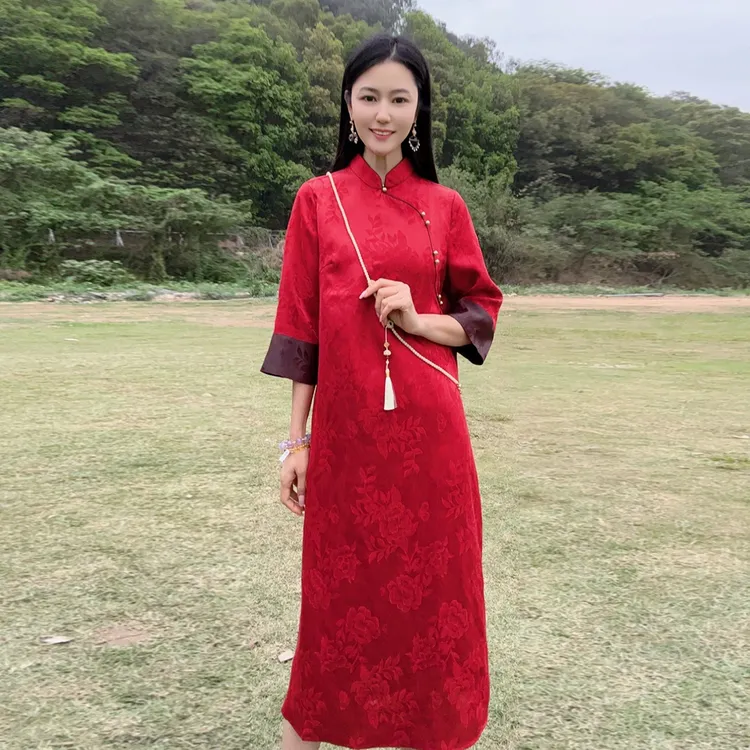 浒城古娘国风中式喜婆婆桑蚕丝女喜妈妈短袖旗袍连衣裙WB2504454