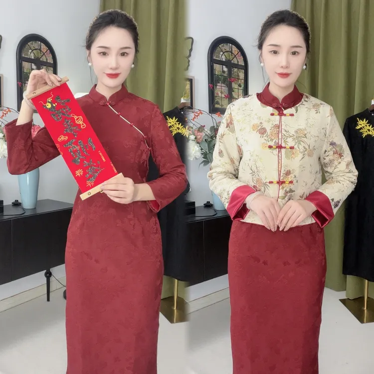 520-（喜喜）新中式国风套装秋冬旗袍加绒加厚拜年服中国风复古套装